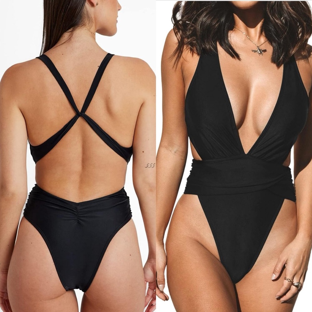 One‎ Piece Swimsuit for Women Bathing Suit Cut Out Cross Back Tie Deep V Neck